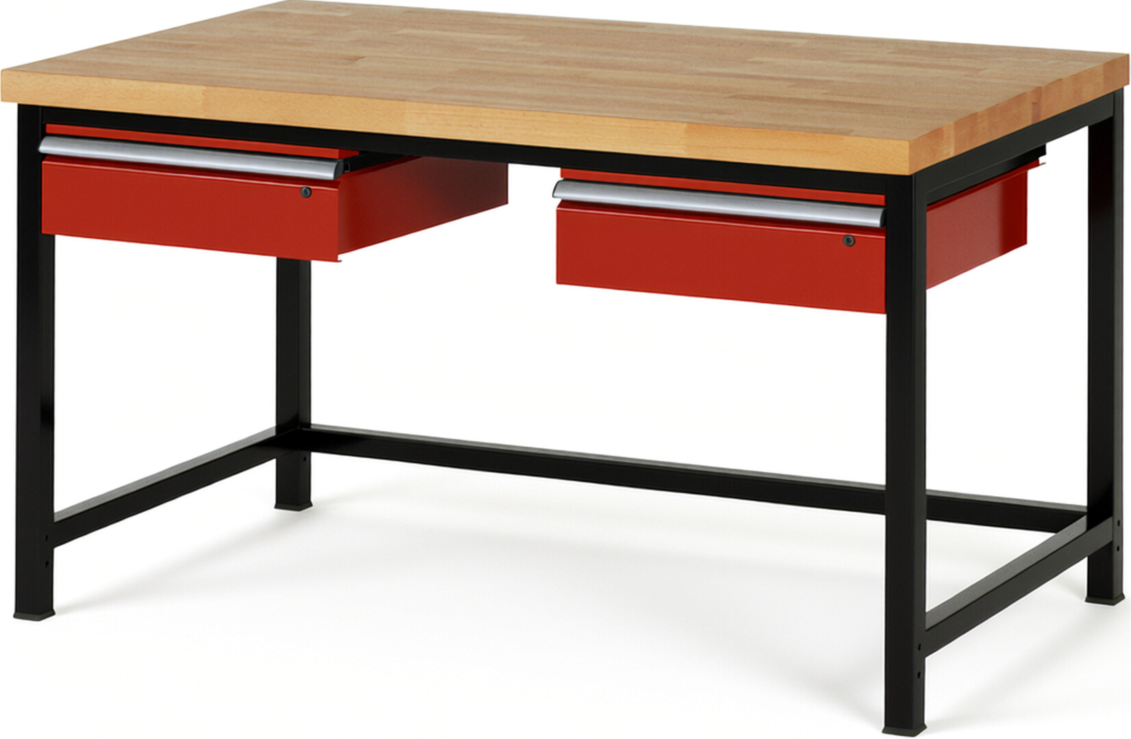 Werkbank Modell 8002 schwarz-rot, BxTxH 1500x900x840-1040 mm,  Buche-Massiv Arbeitsplatte 40 mm,  2 Schubladen mit  Auszug 90 %