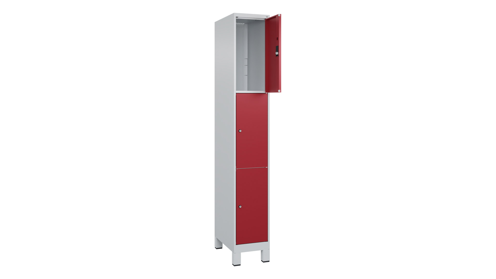 Fächerschrank, BxTxH 300x500x1.950 mm, 1x3 Fächer, Abteilbreite 300 mm, Füße, Schloss, glatte Türen, Farbwahl