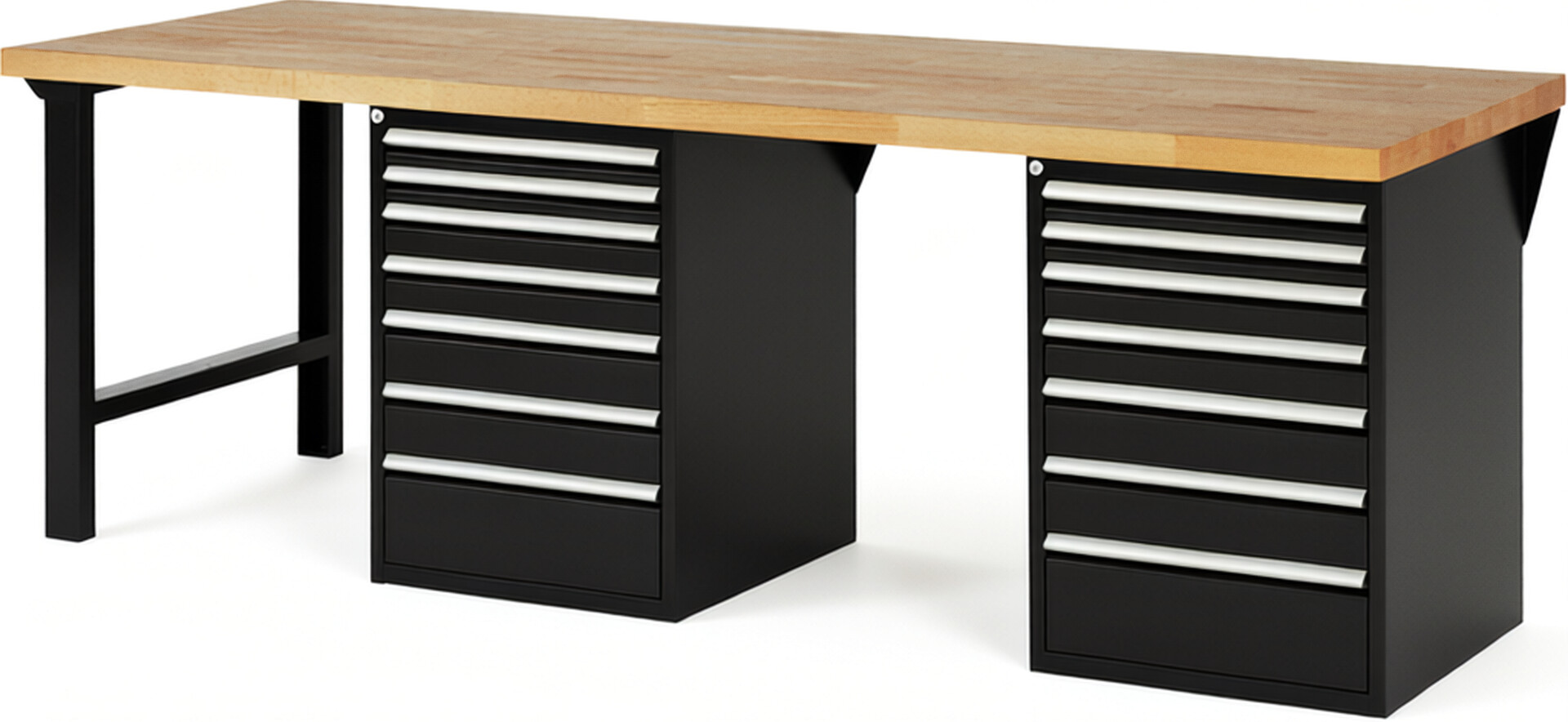 Werkbank Modell 7517 schwarz, BxTxH 2500x900x890 mm,  Buche-Massiv Arbeitsplatte 40 mm,  14 Schubladen mit  Auszug 90 %