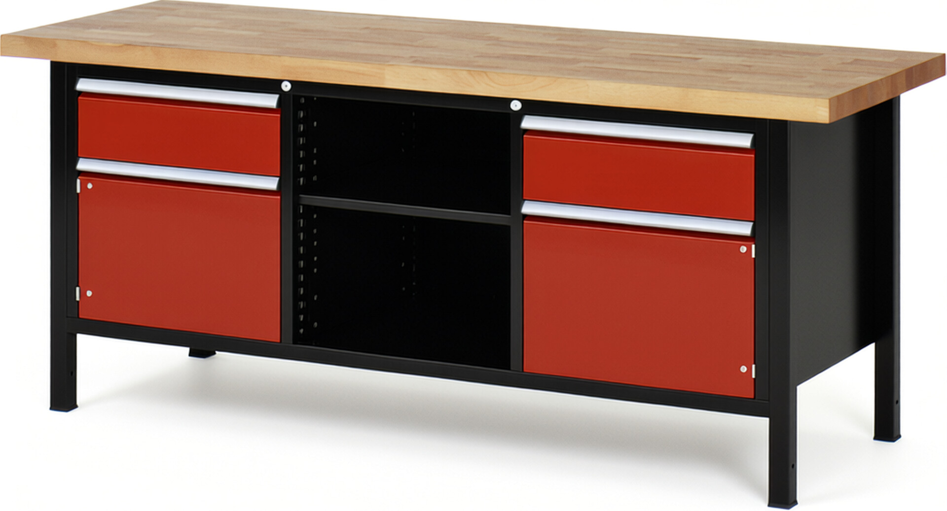 RAU Werkbank schwarz - rot - Breite 200 cm - Tiefe 70 cm - Höhe 104 cm - Buche-Massiv Arbeitsplatte 40 mm