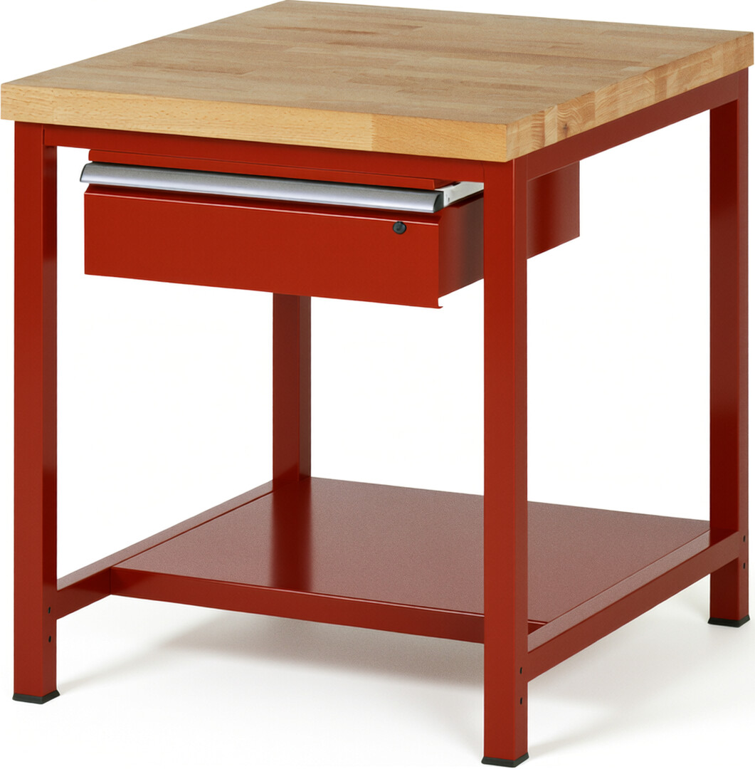 Werkbank Modell 8001 rot, BxTxH 750x900x840-1040 mm,  Buche-Massiv Arbeitsplatte 40 mm,  1 Schublade mit  Auszug 90 %