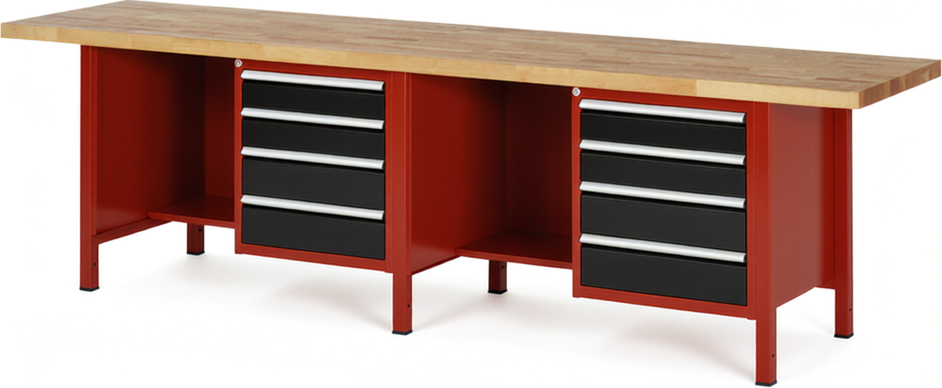 Werkbank Modell 8453 rot - schwarz, BxTxH 3000x700x840-1040 mm,  Buche-Massiv Arbeitsplatte 40 mm,  8 Schubladen mit  Auszug 90 %