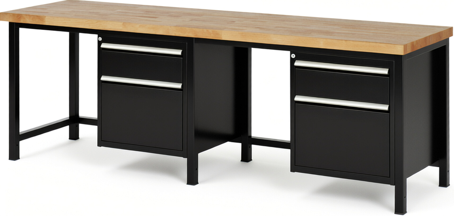 Werkbank Modell 8156 schwarz, BxTxH 2500x700x840-1040 mm,  Buche-Massiv Arbeitsplatte 40 mm,  4 Schubladen mit  Auszug 90 %