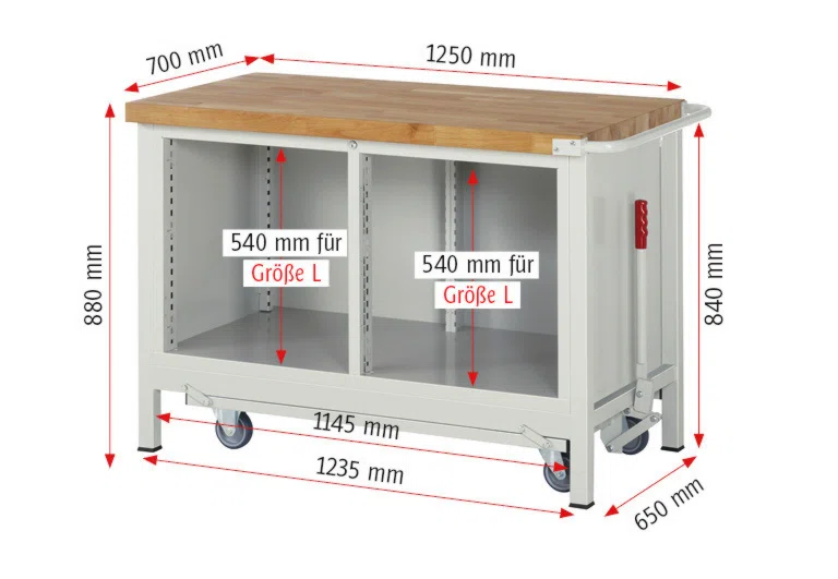 Absenkbare Werkbank Modell 8462 rot - schwarz, BxTxH 1250x700x880 mm,  Buche-Massiv Arbeitsplatte 40 mm,  3 Schubladen mit  Vollauszug 100 % und  SoftClosing