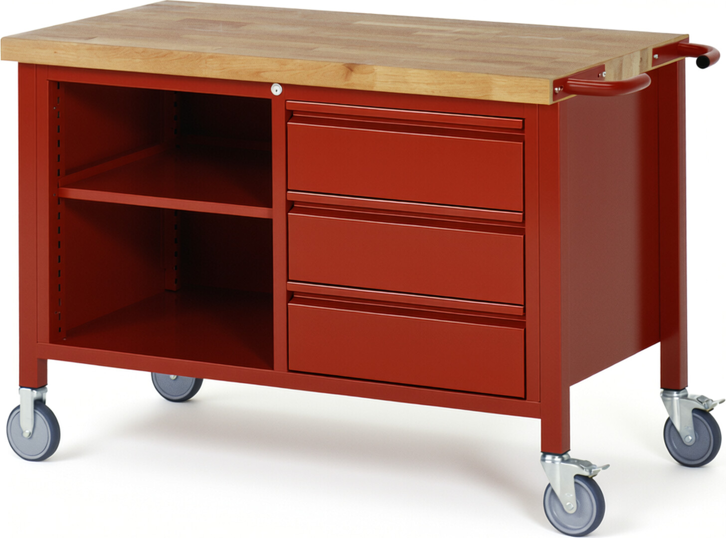 Fahrbare Werkbank - Modell 8462 BASIC rot, BxTxH 1250x700x880 mm,  Buche-Massiv Arbeitsplatte 40 mm,  3 Schubladen mit  Auszug 90 %