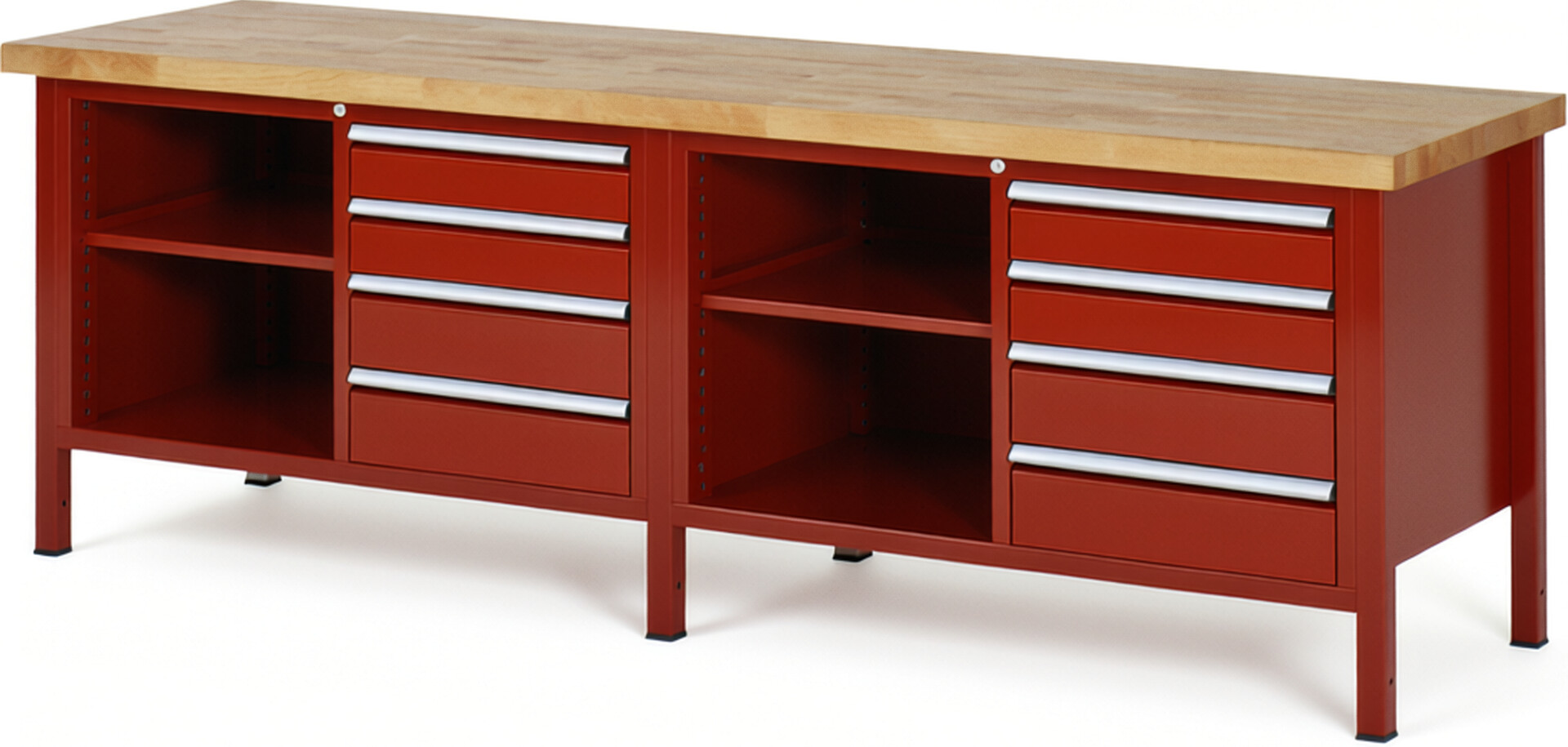 Werkbank Modell 8463 rot, BxTxH 2500x700x840-1040 mm,  Buche-Massiv Arbeitsplatte 40 mm,  8 Schubladen mit  Auszug 90 %