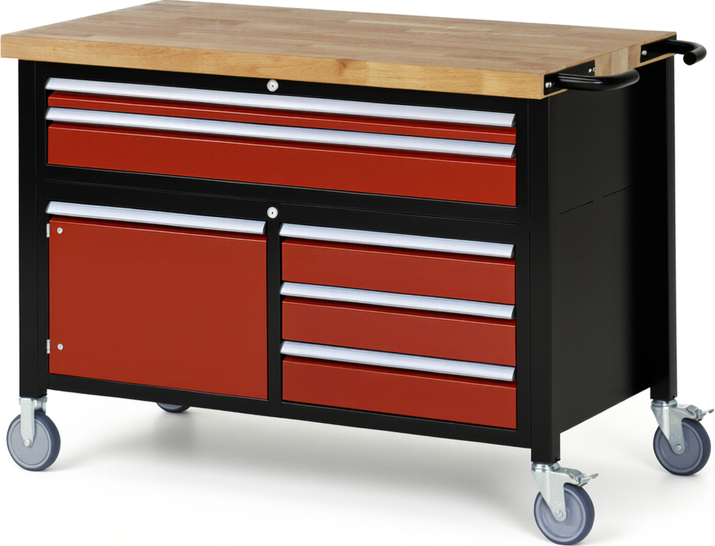 RAU Werkbank schwarz - rot - Breite 125 cm - Tiefe 70 cm - Höhe 112 cm - Buche-Massiv Arbeitsplatte 40 mm
