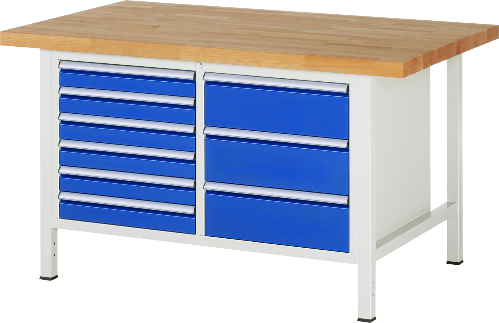 Werkbank Modell 8479,  BxTxH 1500x900x840-1040 mm,  Buche-Massiv Arbeitsplatte 40 mm,  9 Schubladen mit  Auszug 90 %