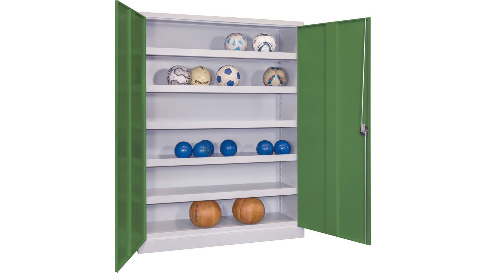 Sportschrank, Ballschrank - Lochfeldtüren - 5 Böden - 1.950x1.200x500 mm (HxBxT) - lichtgrau/resedagrün