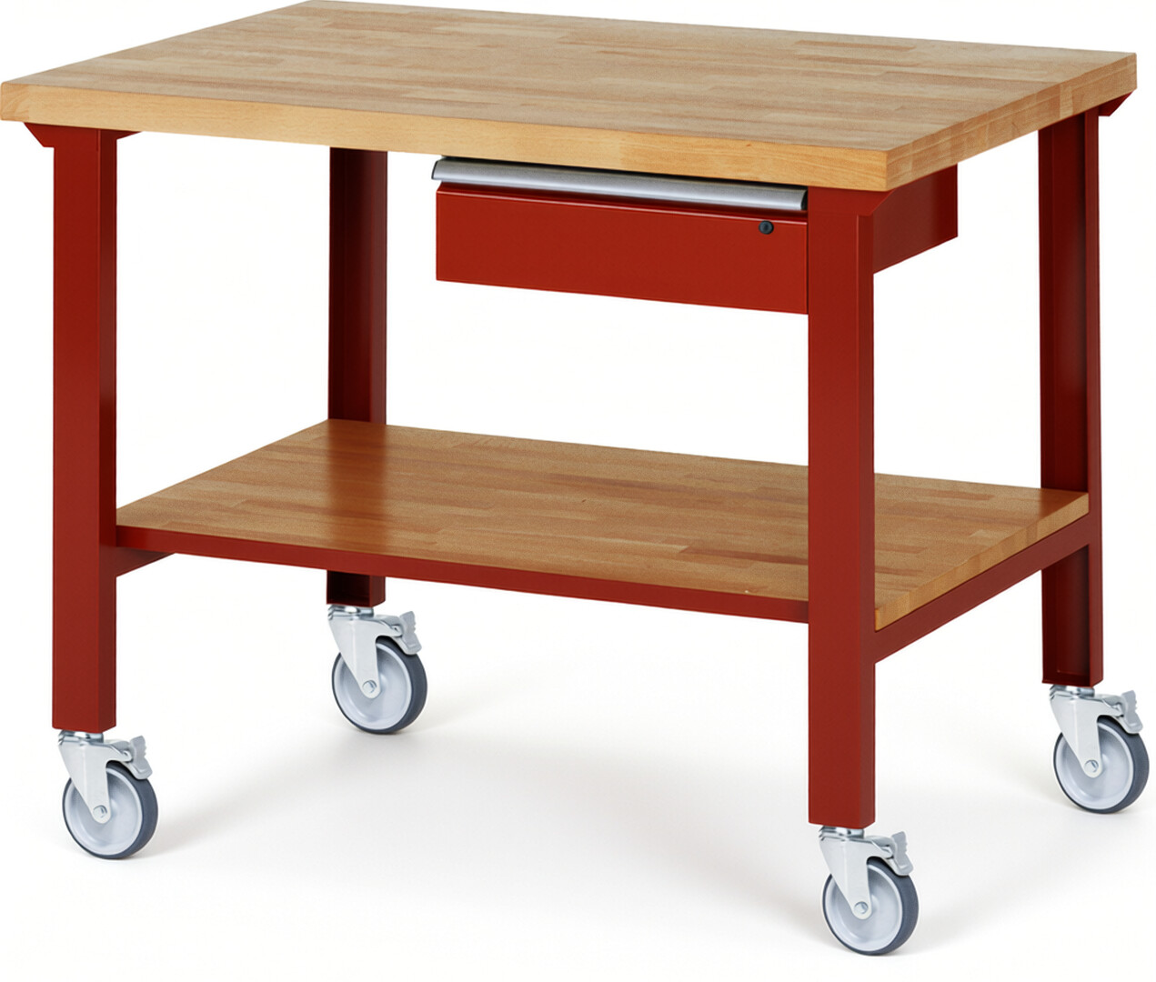 Fahrbare Werkbank Modell 7001 rot, BxTxH 1250x900x1000 mm,  Buche-Massiv Arbeitsplatte 40 mm,  1 Schublade mit  Auszug 90 %