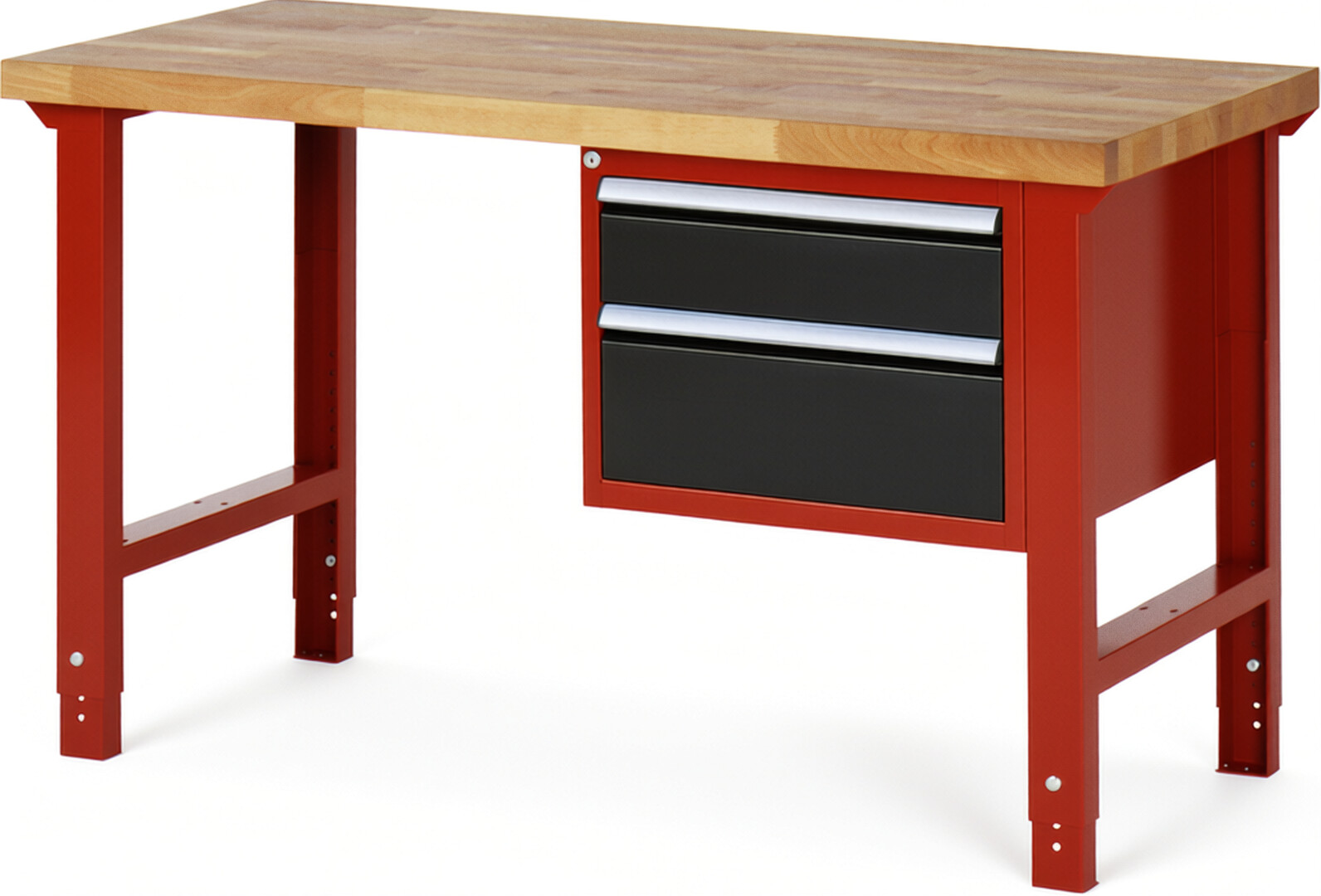 Werkbank Modell 7123 rot - schwarz, BxTxH 1500x700x790-1140 mm,  Buche-Massiv Arbeitsplatte 40 mm,  2 Schubladen mit  Vollauszug 100 % und  SoftClosing