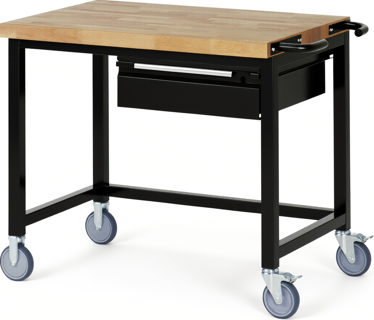 Fahrbare Werkbank - Modell 8001 BASIC schwarz, BxTxH 1000x700x880 mm,  Buche-Massiv Arbeitsplatte 40 mm,  1 Schublade mit  Auszug 90 %
