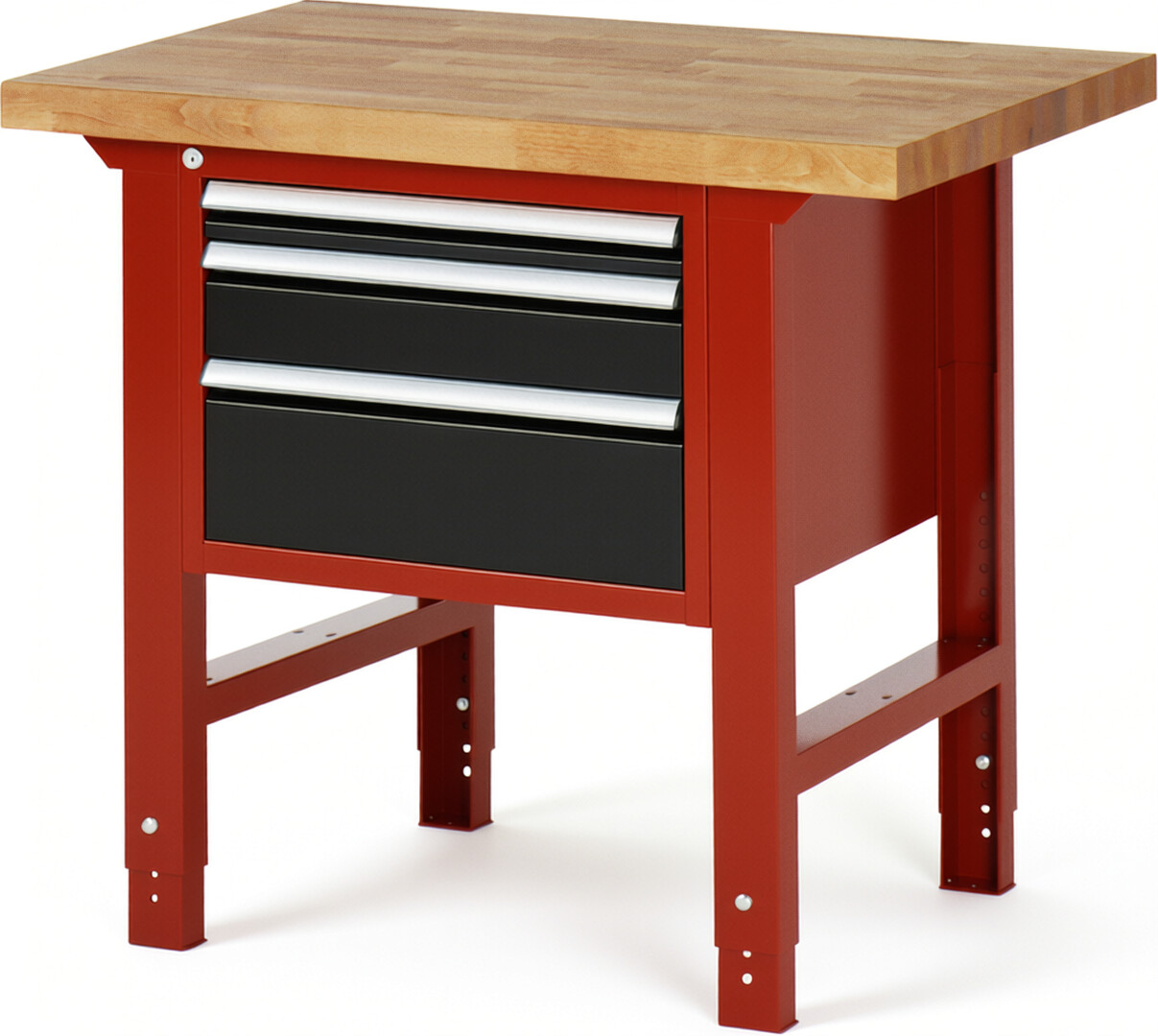 Werkbank Modell 7126 rot - schwarz, BxTxH 1000x700x790-1140 mm,  Buche-Massiv Arbeitsplatte 40 mm,  3 Schubladen mit  Auszug 90 %