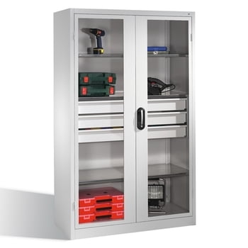 C+P Großraum Werkzeugschrank mit Sichtfenstertüren, 3 Fachböden, 3 Schubladen mittig, Farbe lichtgrau, 1.950 x 1.200 x 500 (HxBxT)