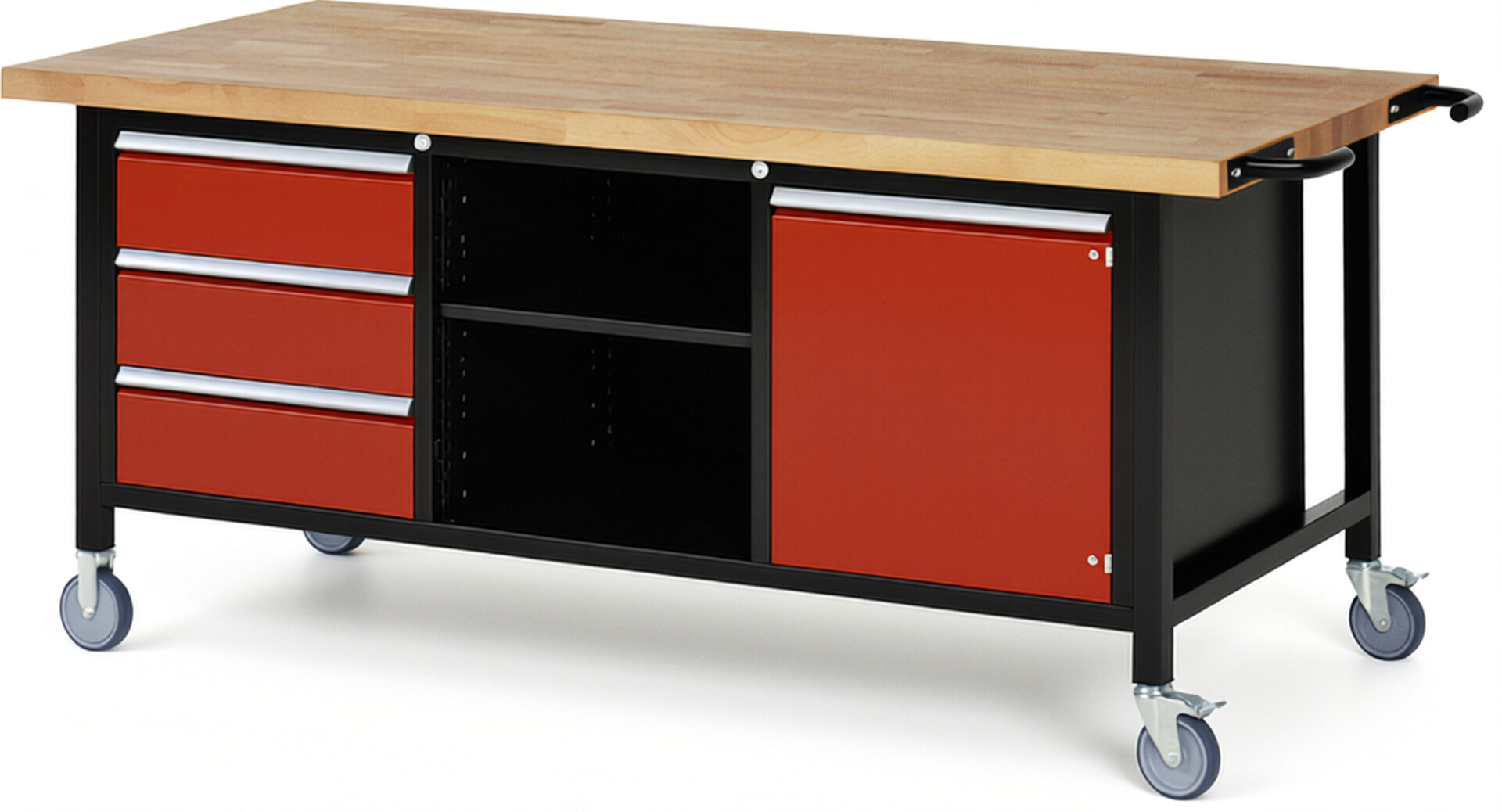 RAU Werkbank schwarz - rot - Breite 200 cm - Tiefe 90 cm - Höhe 108 cm - Buche-Massiv Arbeitsplatte 40 mm