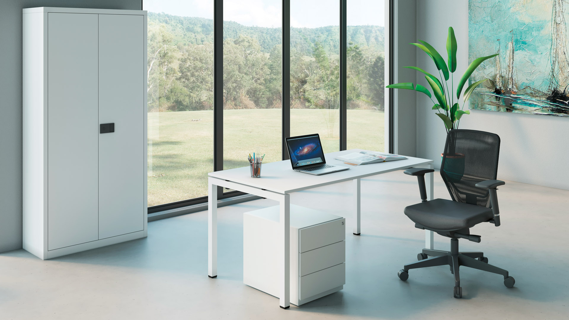 Büro-Set bestehend aus Schreibtisch, Bürodrehstuhl, Rollcontainer und Flügeltürenschrank