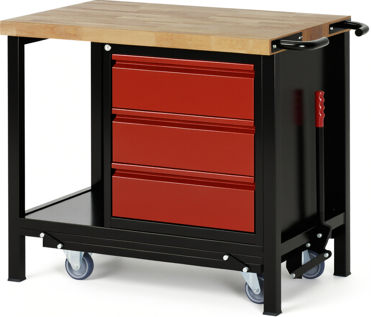 RAU Werkbank schwarz - rot - Breite 100 cm - Tiefe 70 cm - Höhe 88 cm - Buche-Massiv Arbeitsplatte 40 mm