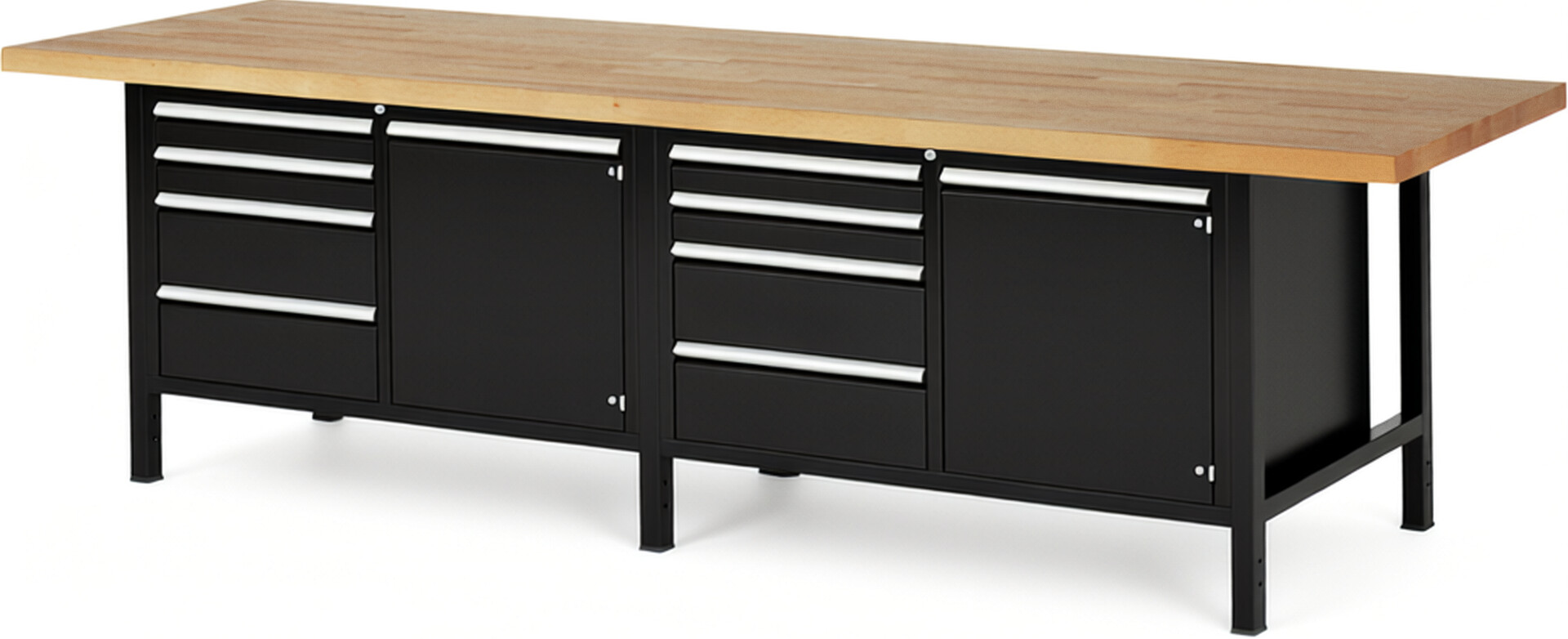 Werkbank Modell 8470 schwarz, BxTxH 3000x900x840-1040 mm,  Buche-Massiv Arbeitsplatte 40 mm,  8 Schubladen mit  Auszug 90 %