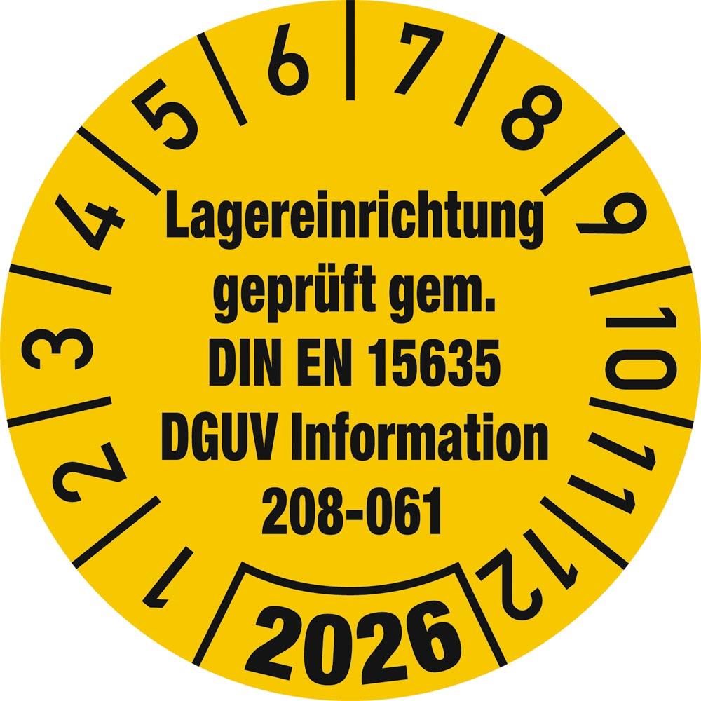 Prüfplakette, Lagereinrichtung geprüft 2026, Durchm. 30 mm, Folie, gelb, VE 10 Stück, Mindestabnahme 10 VE