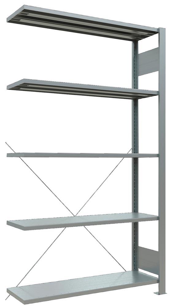 Lagerregal, Steckregal, Anbaufeld, RAL 7035 lichtgrau, 5 Fachböden, ohne Anschlagleiste, Fachlast 85 kg, BxTxH 1000x300x1800 mm
