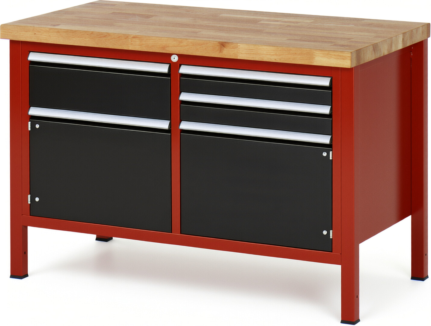 Werkbank Modell 8467 rot - schwarz, BxTxH 1250x700x840-1040 mm,  Buche-Massiv Arbeitsplatte 40 mm,  3 Schubladen mit  Vollauszug 100 % und  SoftClosing