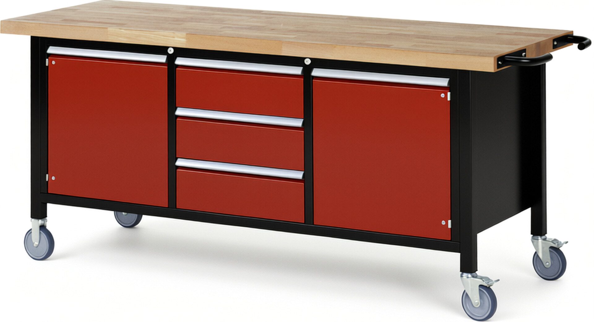 RAU Werkbank schwarz - rot - Breite 200 cm - Tiefe 70 cm - Höhe 108 cm - Buche-Massiv Arbeitsplatte 40 mm