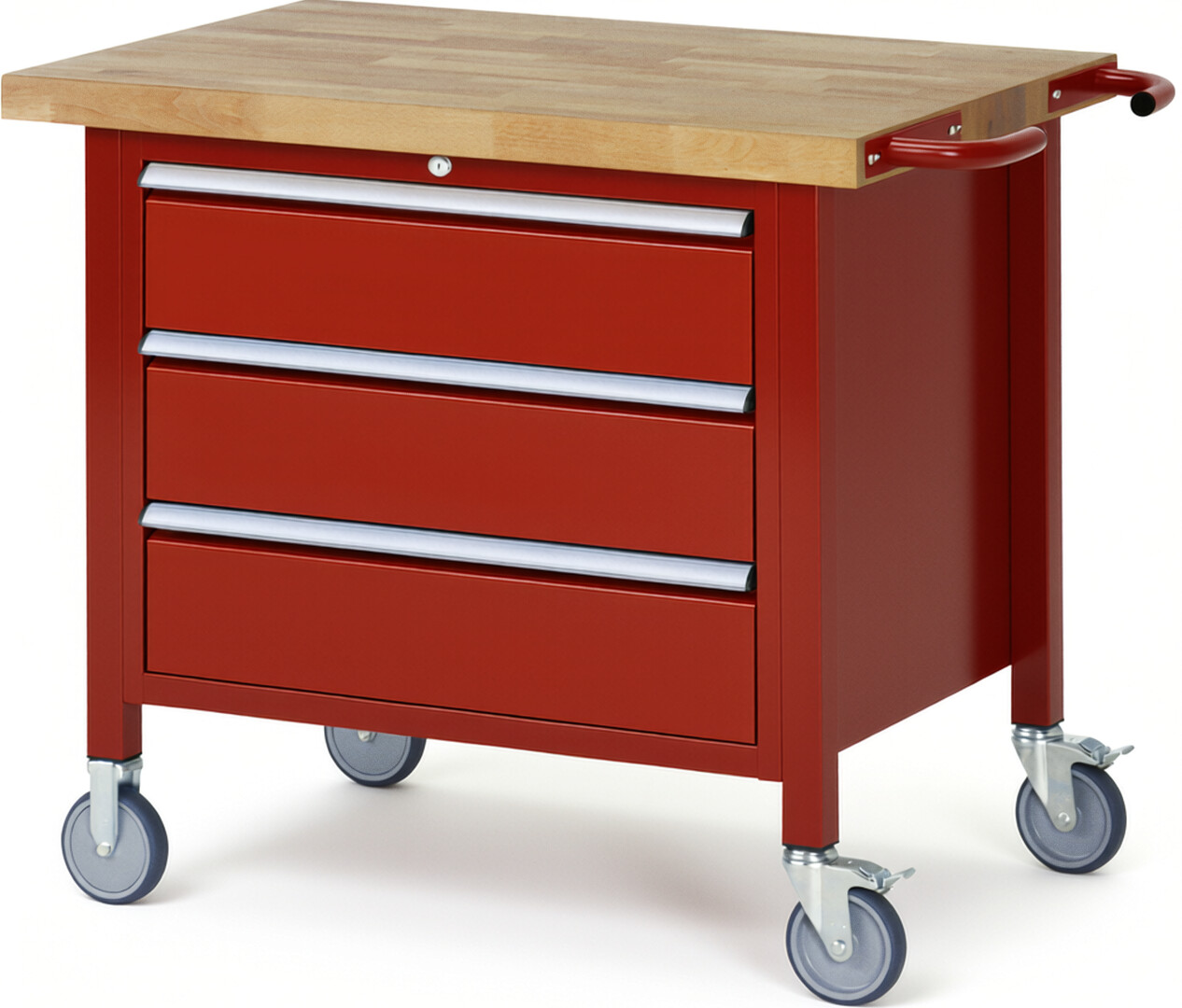 Fahrbare Werkbank Modell 8257 rot, BxTxH 1000x700x880-1080 mm,  Buche-Massiv Arbeitsplatte 40 mm,  3 Schubladen mit  Vollauszug 100 % und  SoftClosing