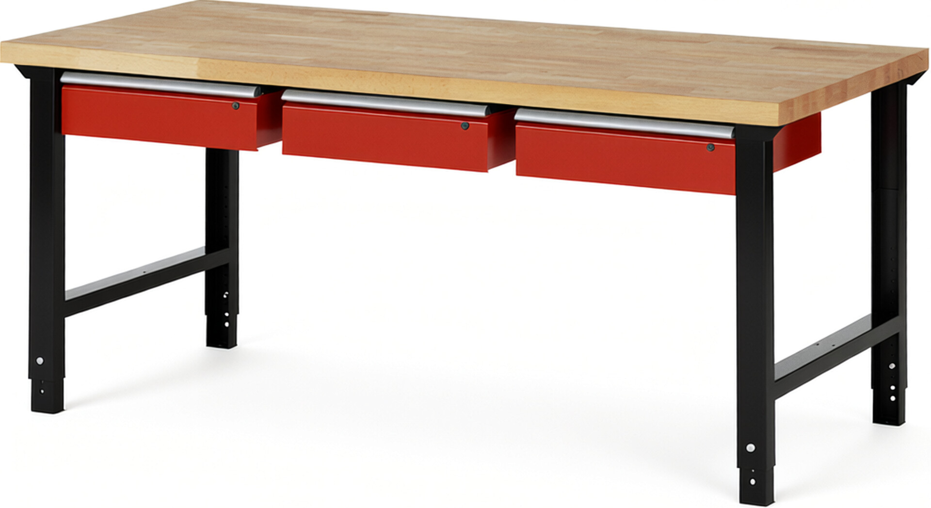 RAU Werkbank schwarz - rot - Breite 200 cm - Tiefe 90 cm - Höhe 114 cm - Buche-Massiv Arbeitsplatte 40 mm