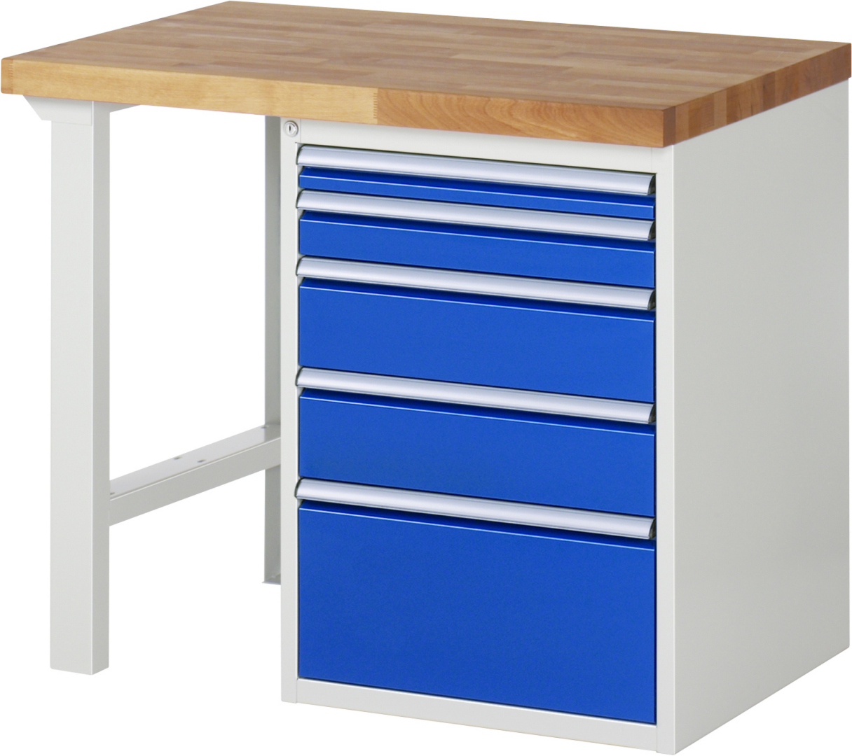 Werkbank Modell 7511 rot - schwarz, BxTxH 1000x700x890 mm,  Buche-Massiv Arbeitsplatte 40 mm,  5 Schubladen mit  Vollauszug 100 % und  SoftClosing