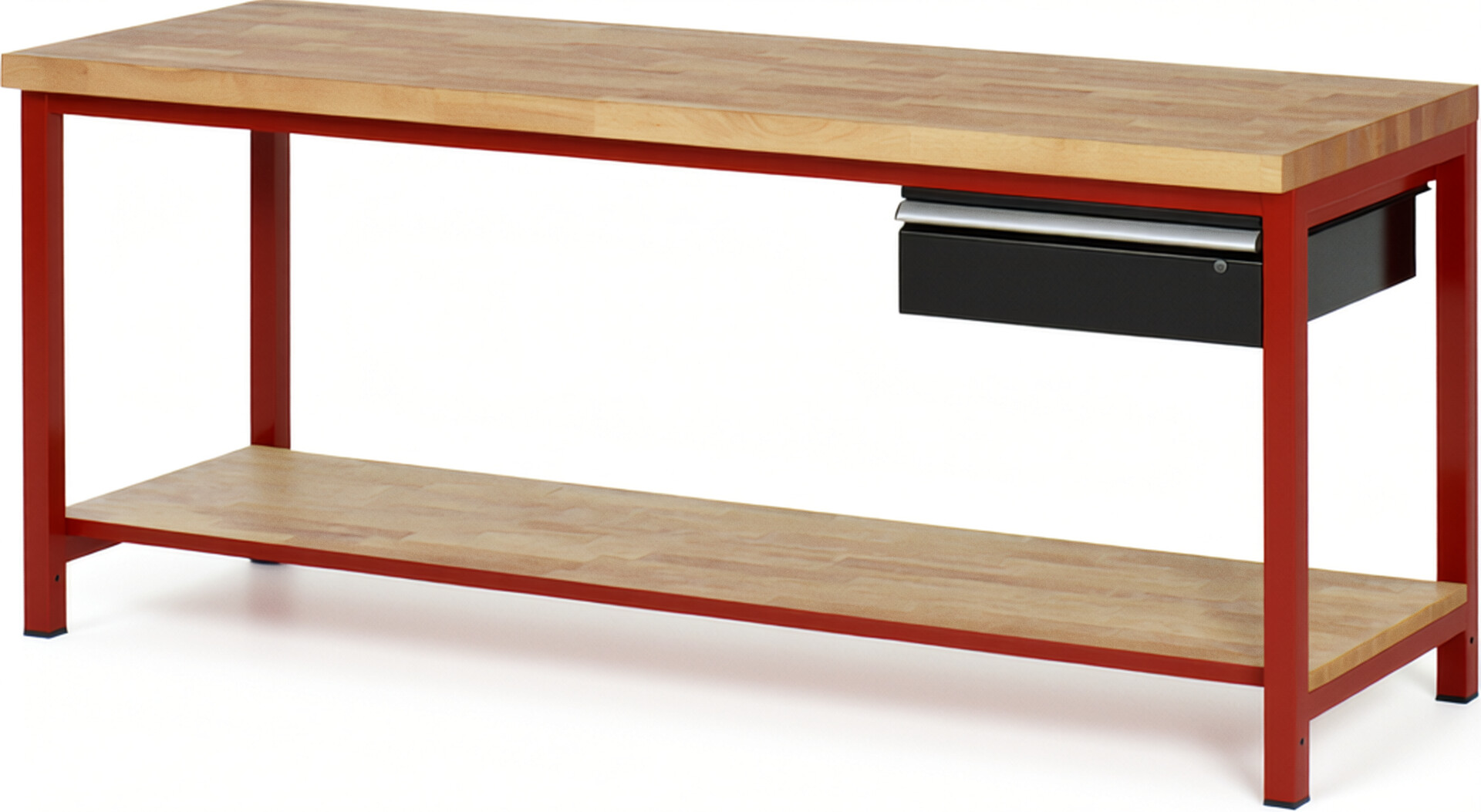 Werkbank Modell 8001 rot - schwarz, BxTxH 2000x700x840-1040 mm,  Buche-Massiv Arbeitsplatte 40 mm,  1 Schublade mit  Auszug 90 %