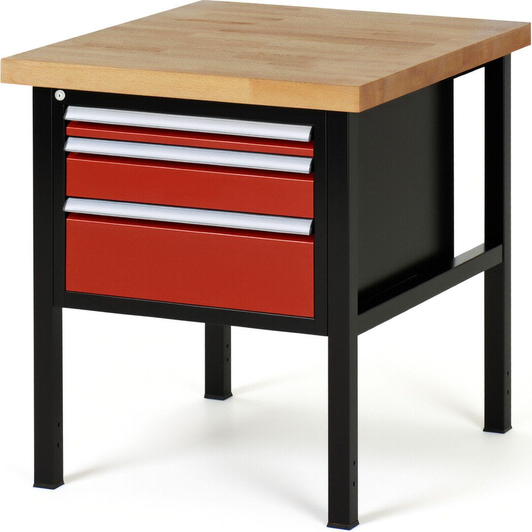 Werkbank Modell 8126 schwarz-rot, BxTxH 750x900x840-1040 mm,  Buche-Massiv Arbeitsplatte 40 mm,  3 Schubladen mit  Vollauszug 100 % und  SoftClosing