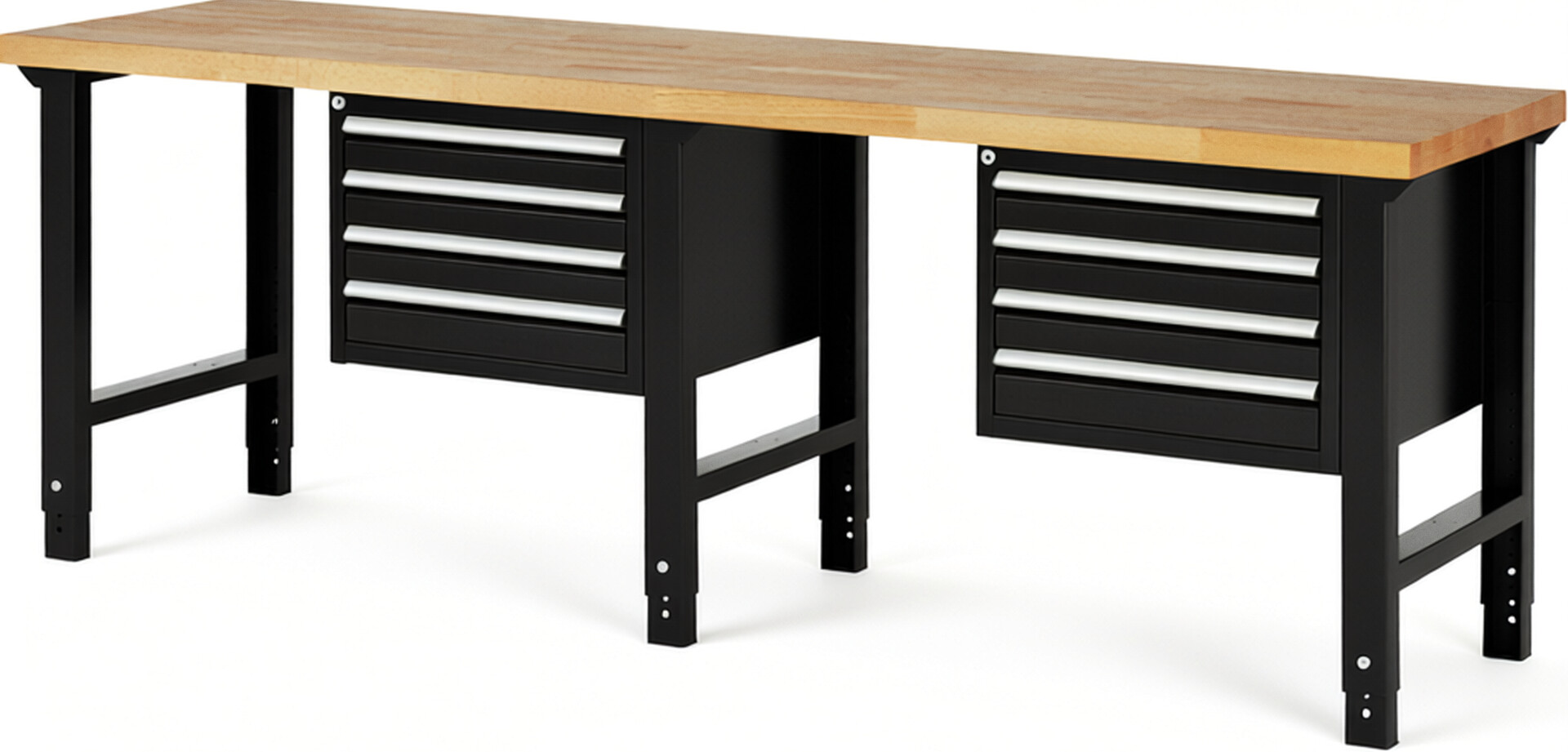 Werkbank Modell 7133 schwarz, BxTxH 2500x700x790-1140 mm,  Buche-Massiv Arbeitsplatte 40 mm,  8 Schubladen mit  Vollauszug 100 % und  SoftClosing