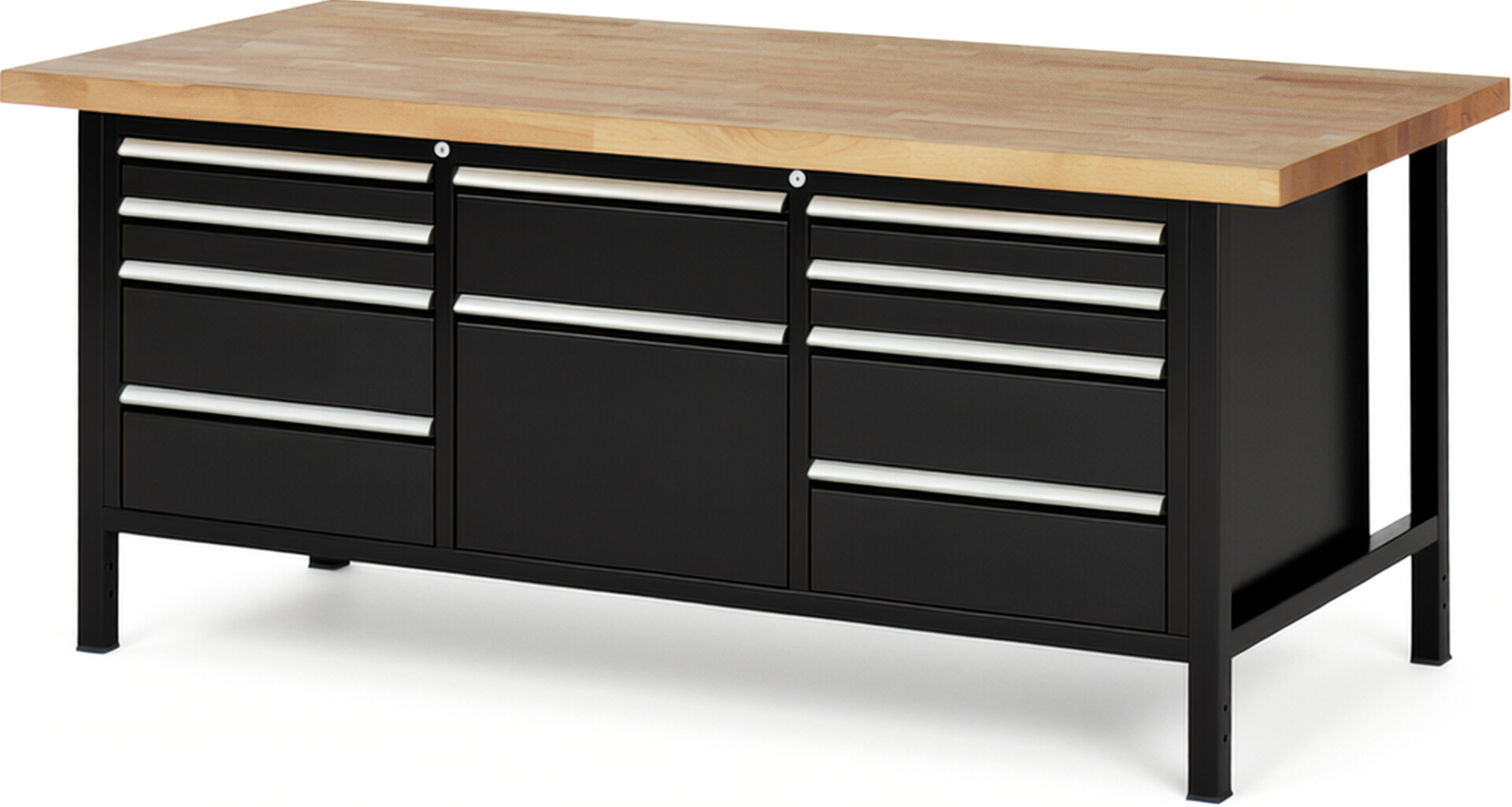 Werkbank Modell 8575 schwarz, BxTxH 2000x900x840-1040 mm,  Buche-Massiv Arbeitsplatte 40 mm,  10 Schubladen mit  Auszug 90 %