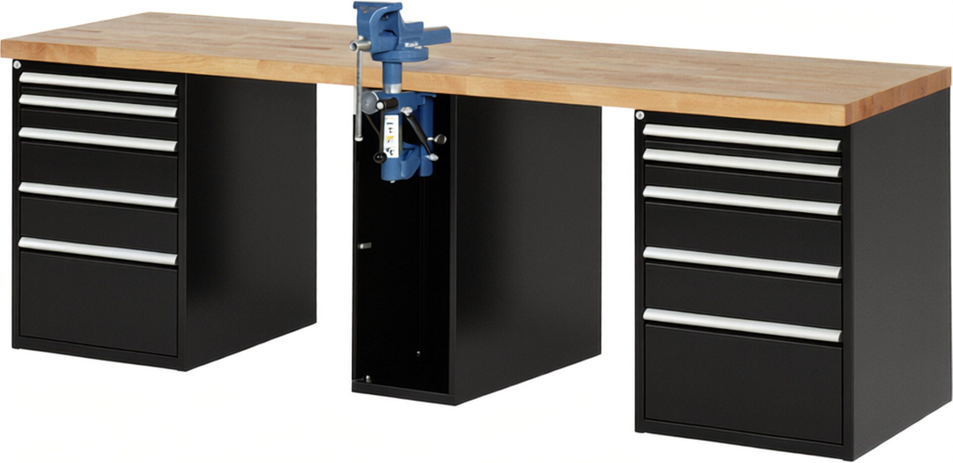 Werkbank Modell 7511 schwarz, BxTxH 2500x700x890 mm,  Buche-Massiv Arbeitsplatte 40 mm,  10 Schubladen mit  Auszug 90 %