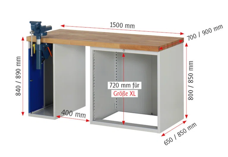 Werkbank Modell 7610 schwarz, BxTxH 1500x900x840 mm,  Buche-Massiv Arbeitsplatte 40 mm,  4 Schubladen mit  Auszug 90 %