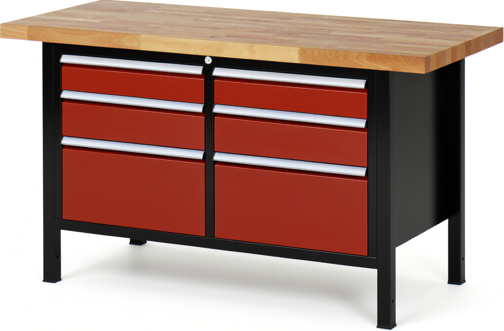 RAU Werkbank schwarz - rot - Breite 150 cm - Tiefe 70 cm - Höhe 84 cm - Buche-Massiv Arbeitsplatte 40 mm