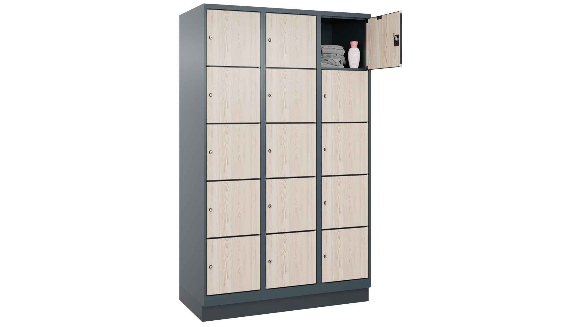 Fächerschrank mit MDF Türen, BxTxH 1.200x500x1.950 mm, 3x5 Fächer, Abteilbreite 400 mm, Sockel, Schloss, HPL-Dekorfront, RAL 7016/Dekor Eiche