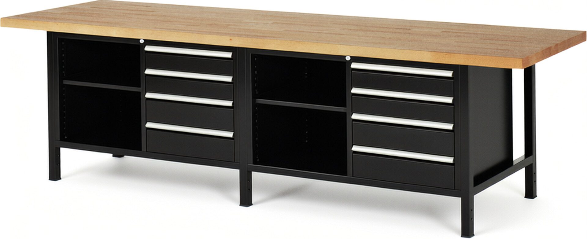 Werkbank Modell 8463 schwarz, BxTxH 3000x900x840-1040 mm,  Buche-Massiv Arbeitsplatte 40 mm,  8 Schubladen mit  Auszug 90 %