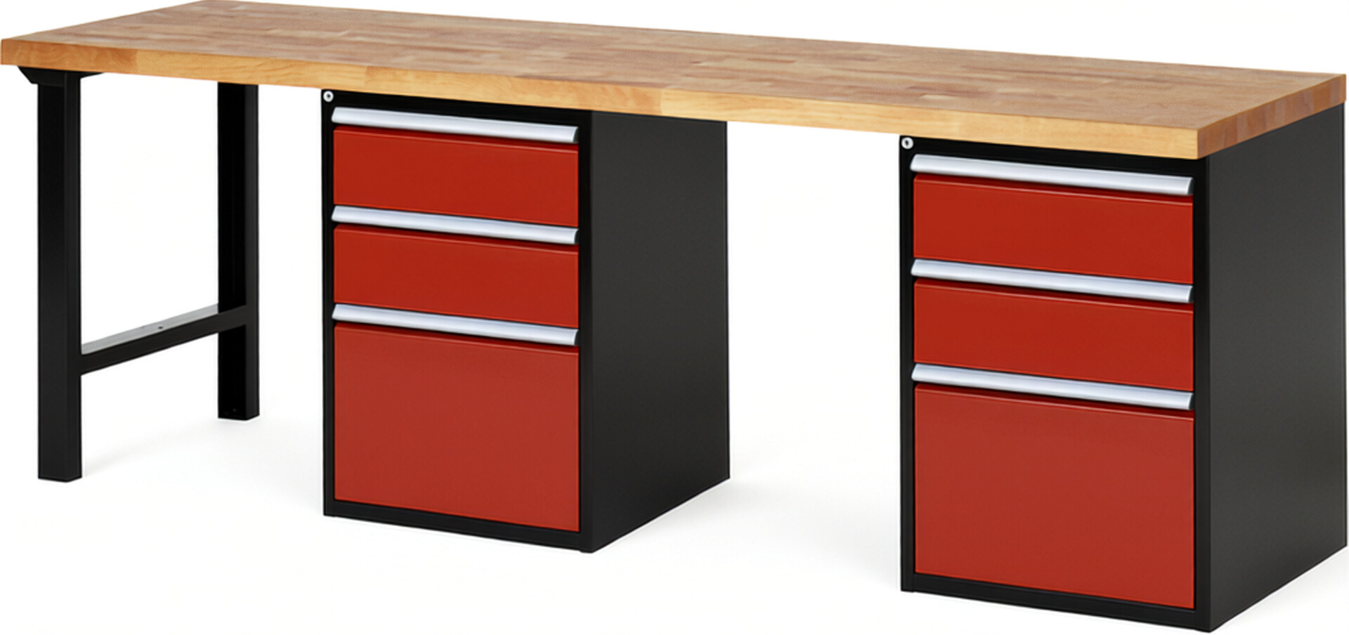 Werkbank Modell 7507 schwarz-rot, BxTxH 2500x700x890 mm,  Buche-Massiv Arbeitsplatte 40 mm,  6 Schubladen mit  Auszug 90 %