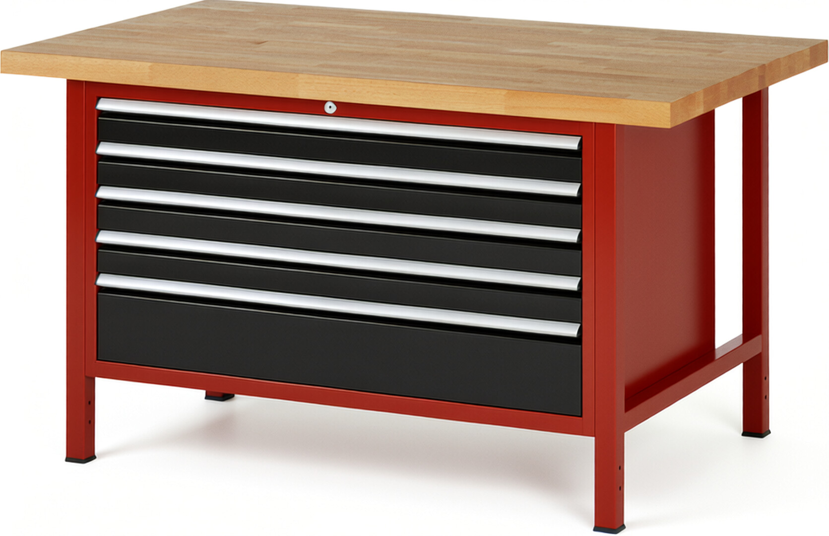 RAU Werkbank rot - schwarz - Breite 150 cm - Tiefe 90 cm - Höhe 84 cm - Buche-Massiv Arbeitsplatte 40 mm