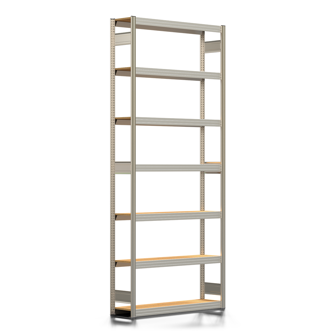 Fachbodenregal BERT - Breite: 128,5 cm - Tiefe: 30 cm - Höhe: 300 cm - 7 Böden - Grundregal
