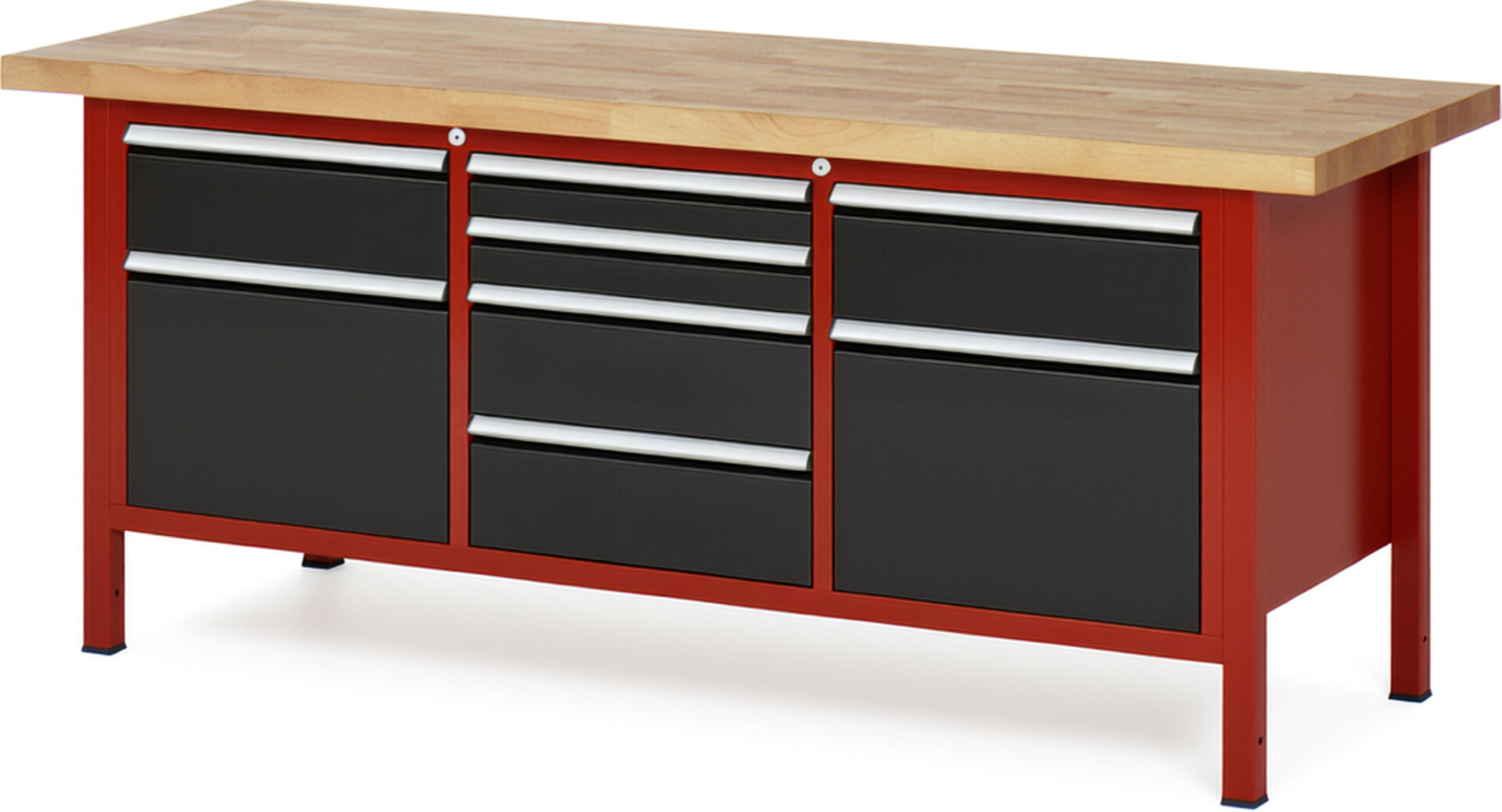 Werkbank Modell 8572 rot - schwarz, BxTxH 2000x700x840-1040 mm,  Buche-Massiv Arbeitsplatte 40 mm,  8 Schubladen mit  Auszug 90 %