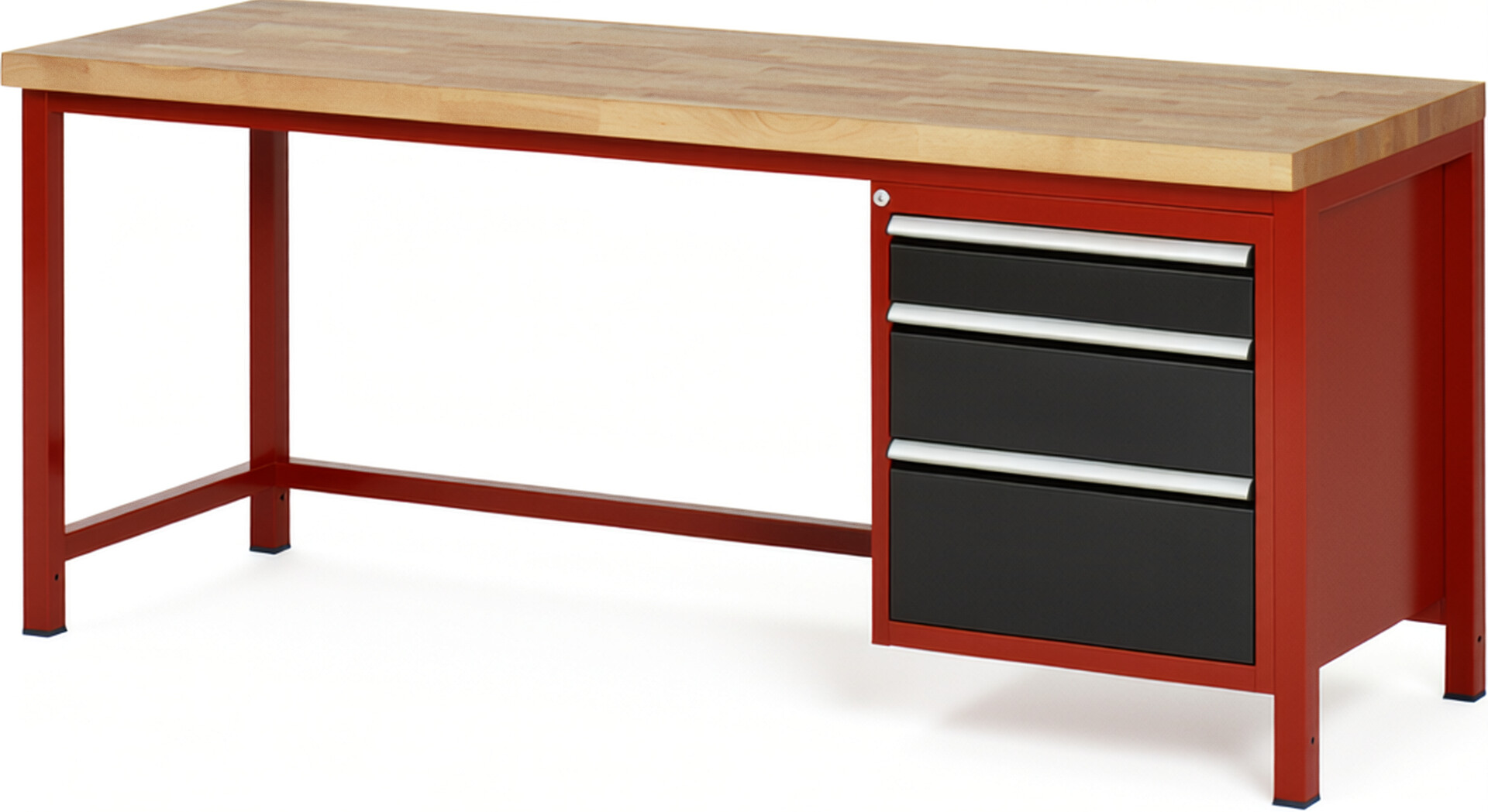Werkbank Modell 8159 rot - schwarz, BxTxH 2000x700x840-1040 mm,  Buche-Massiv Arbeitsplatte 40 mm,  3 Schubladen mit  Auszug 90 %