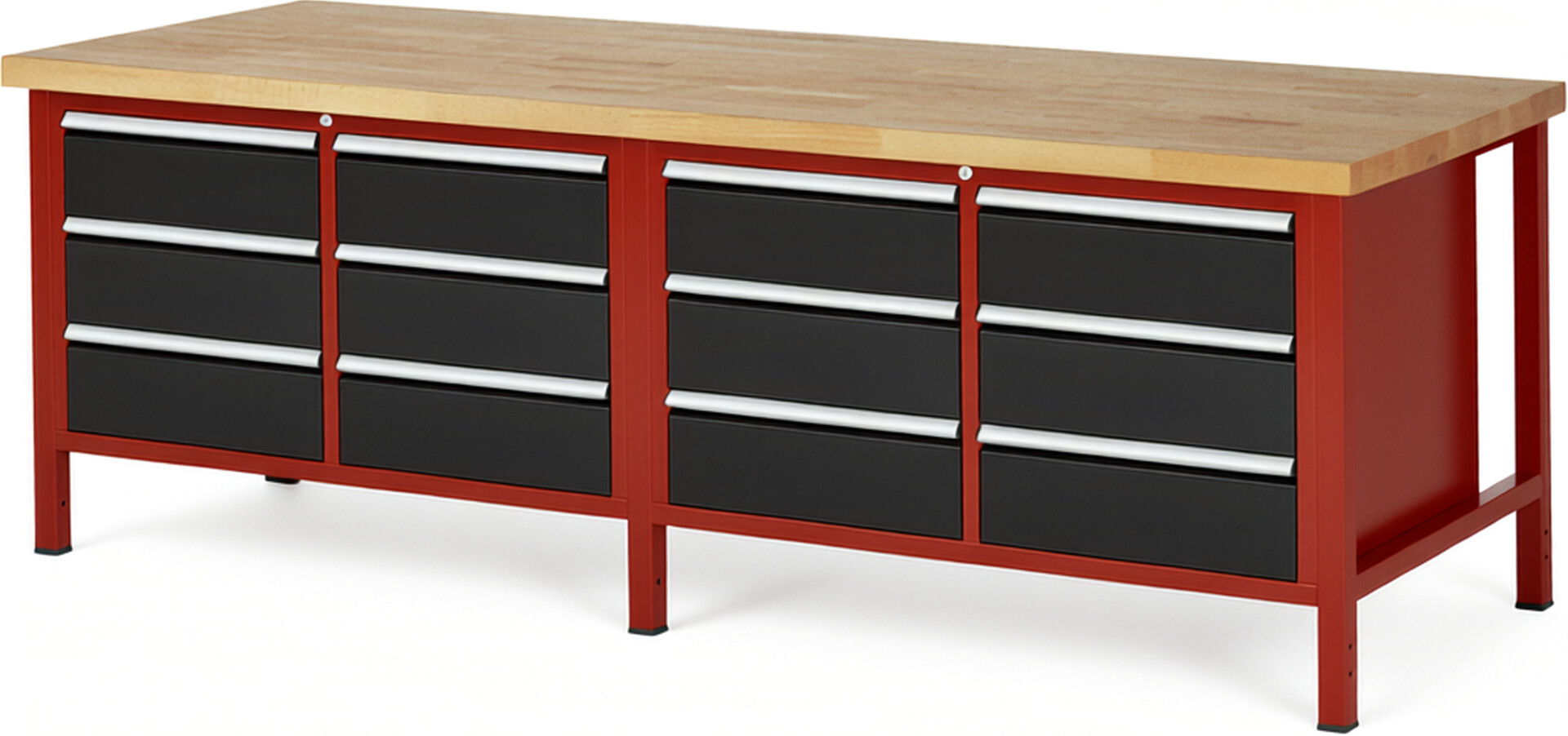 Werkbank Modell 8473 rot - schwarz, BxTxH 2500x900x840 mm,  Buche-Massiv Arbeitsplatte 40 mm,  12 Schubladen mit  Auszug 90 %