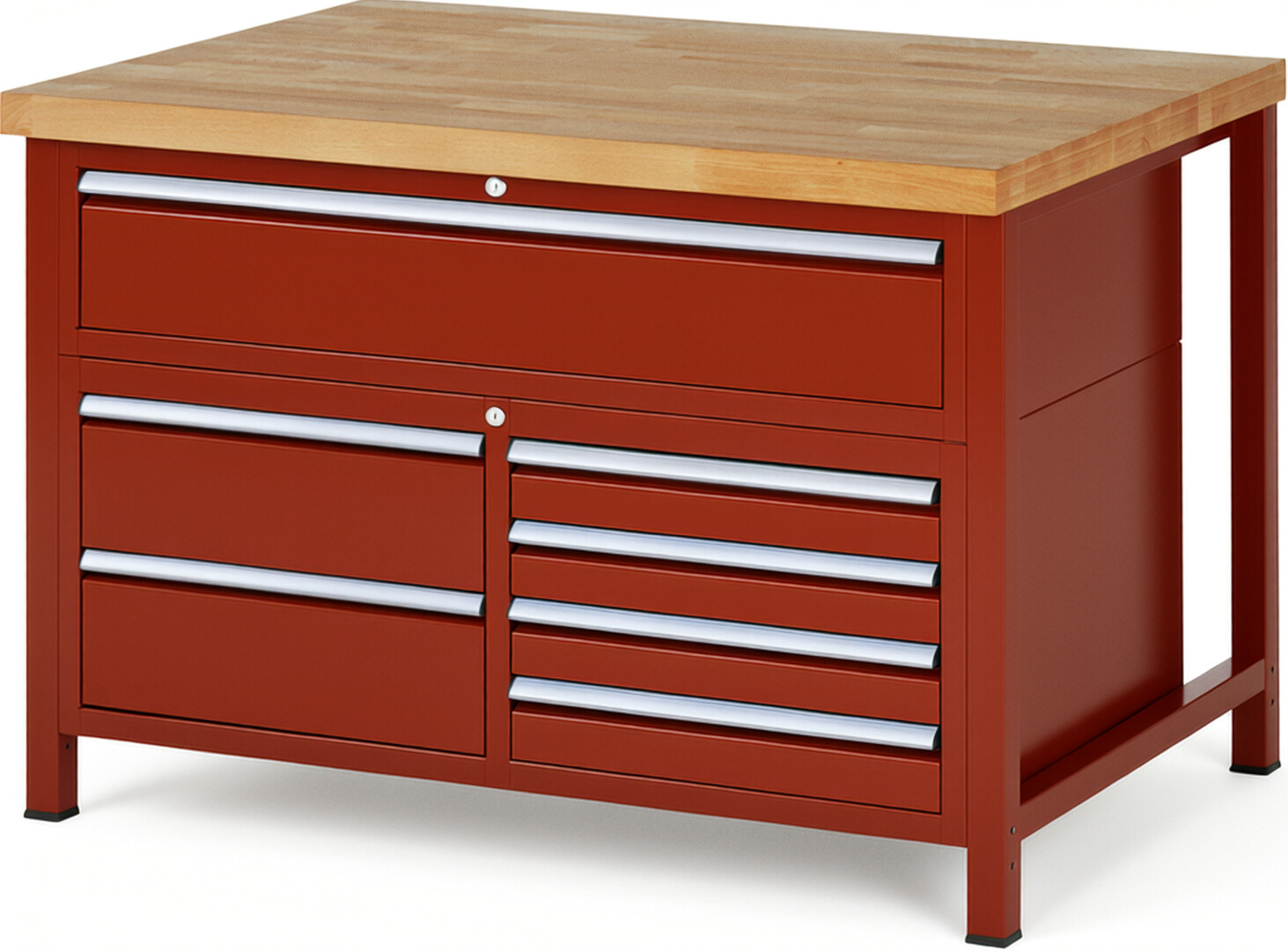 Werkbank Modell 8921 rot, BxTxH 1250x900x840 mm,  Buche-Massiv Arbeitsplatte 40 mm,  7 Schubladen mit  Auszug 90 %