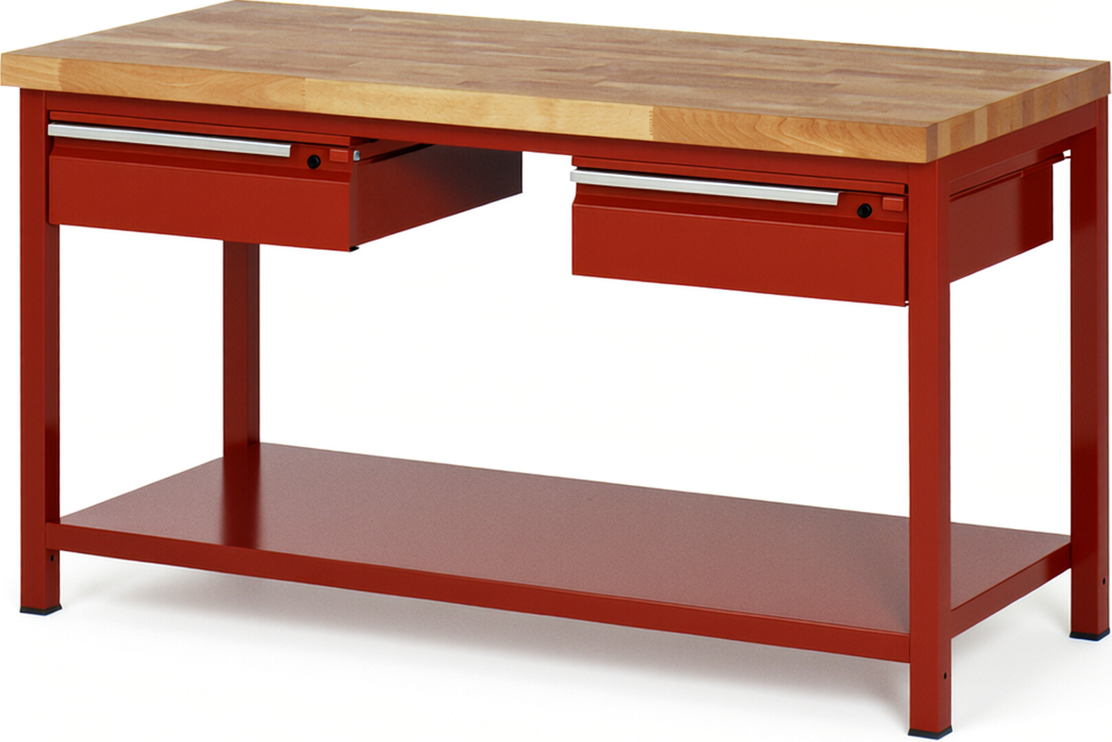 Werkbank - Modell 8002 BASIC rot, BxTxH 1500x700x840-1040 mm,  Buche-Massiv Arbeitsplatte 40 mm,  2 Schubladen mit  Auszug 90 %