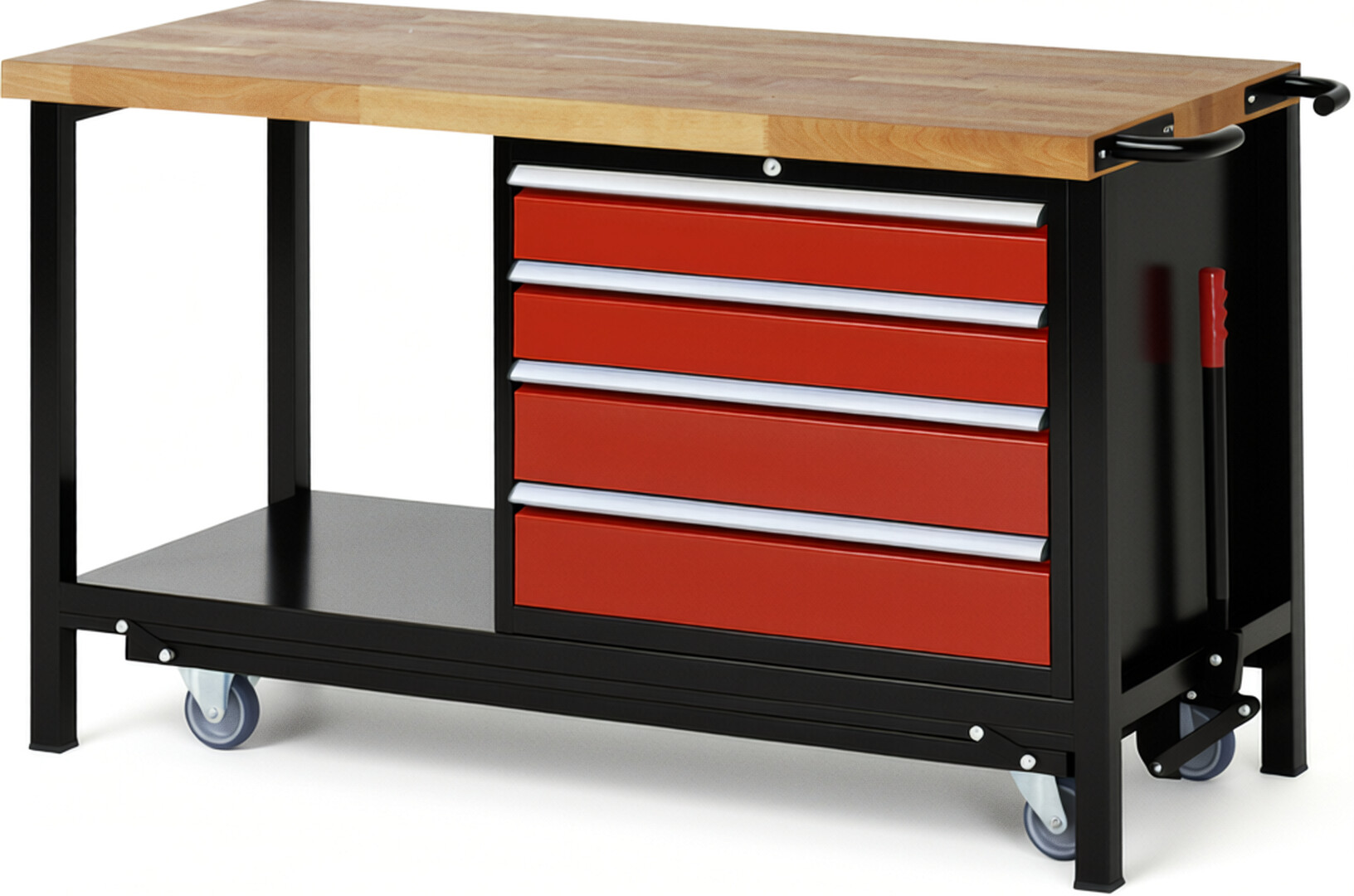 RAU Werkbank schwarz - rot - Breite 150 cm - Tiefe 70 cm - Höhe 88 cm - Buche-Massiv Arbeitsplatte 40 mm