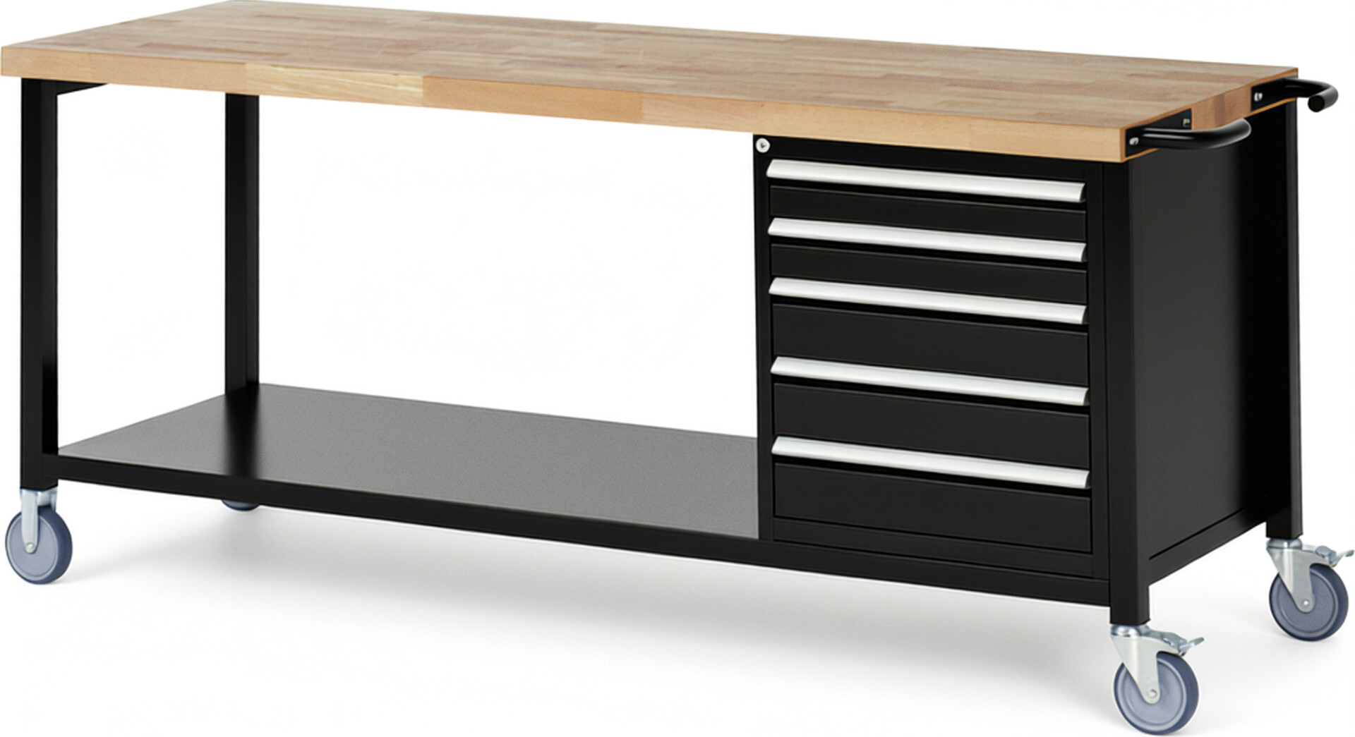 Fahrbare Werkbank Modell 8171 schwarz, BxTxH 2000x700x880 mm,  Buche-Massiv Arbeitsplatte 40 mm,  5 Schubladen mit  Auszug 90 %