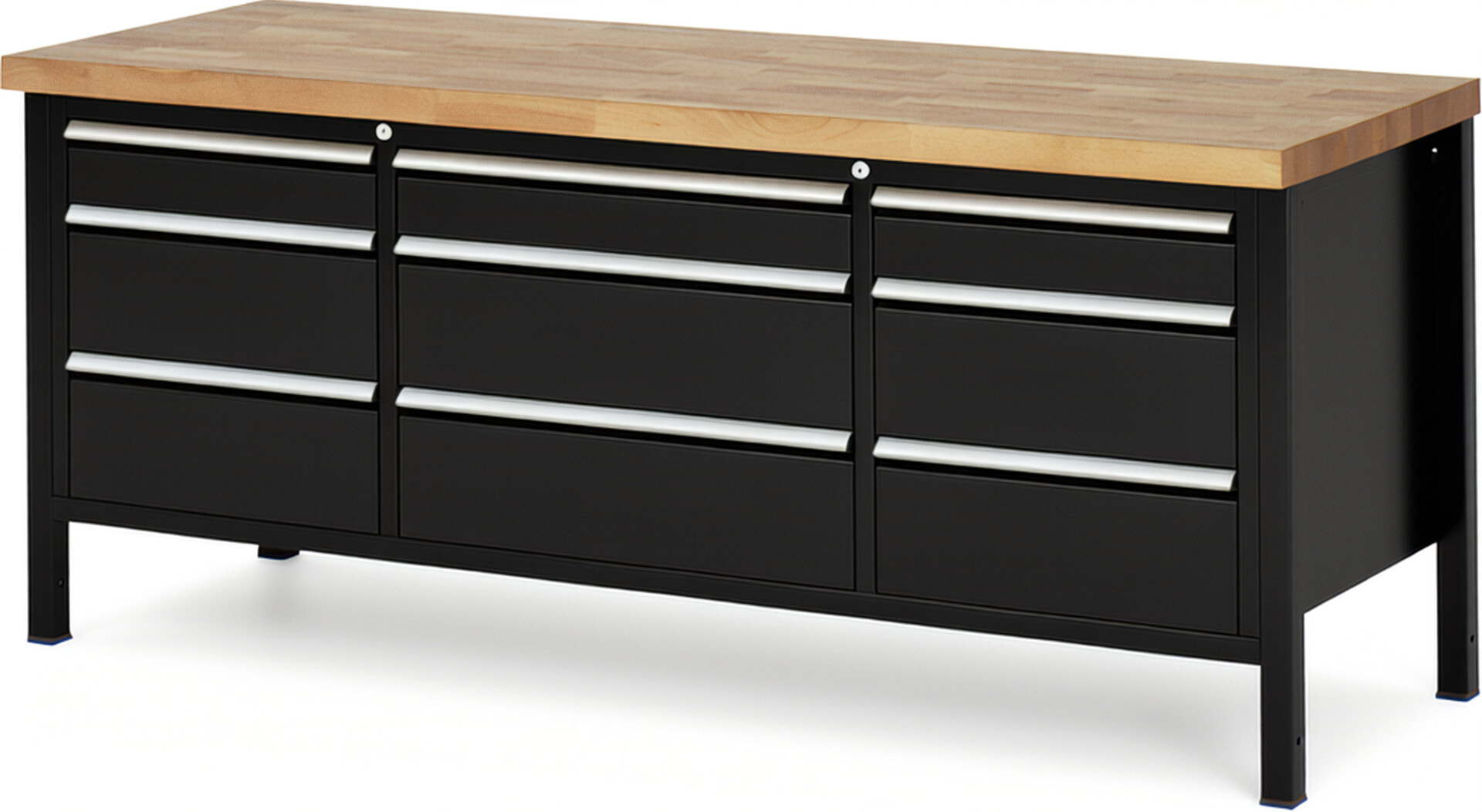 Werkbank Modell 8753 schwarz, BxTxH 2000x700x840-1040 mm,  Buche-Massiv Arbeitsplatte 40 mm,  9 Schubladen mit  Vollauszug 100 % und  SoftClosing