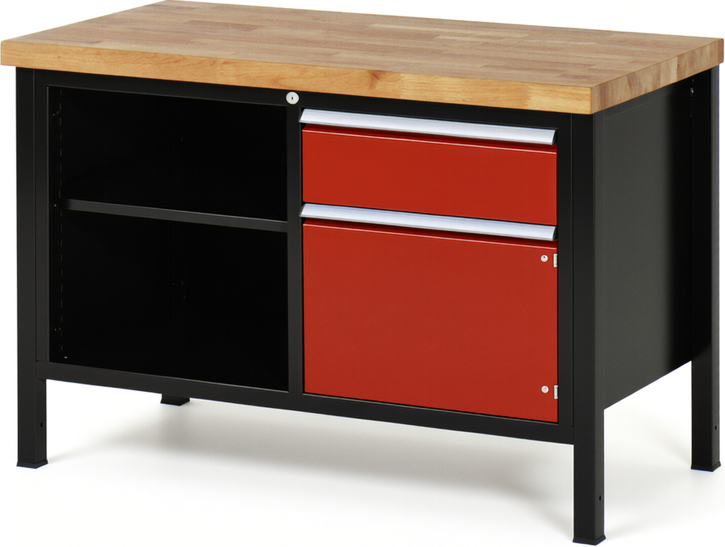RAU Werkbank schwarz - rot - Breite 125 cm - Tiefe 70 cm - Höhe 84 cm - Buche-Massiv Arbeitsplatte 40 mm